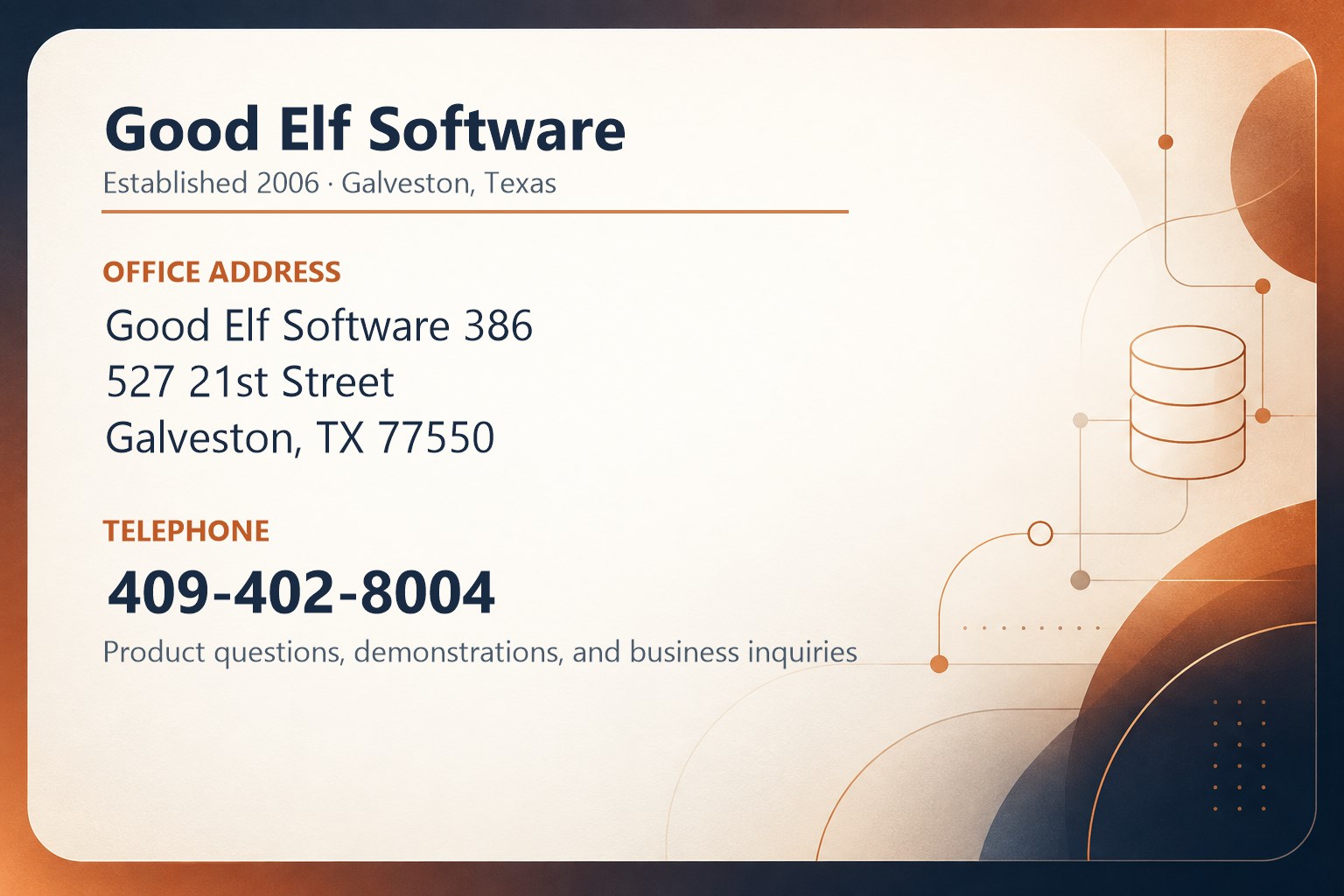Good Elf Software Galveston office contact information